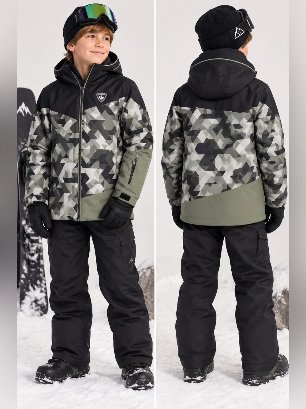 Rossignol Kids Size 12 Ski Jacket Geometric Camo Hooded Snow Winter Coat